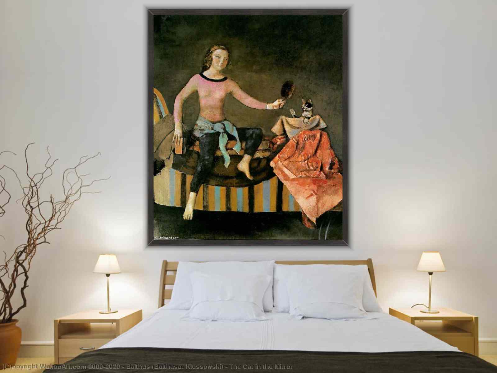 Tableau Encadré 'Le Chat Au Miroir' - Style Balthus / Klossowski - 19ème